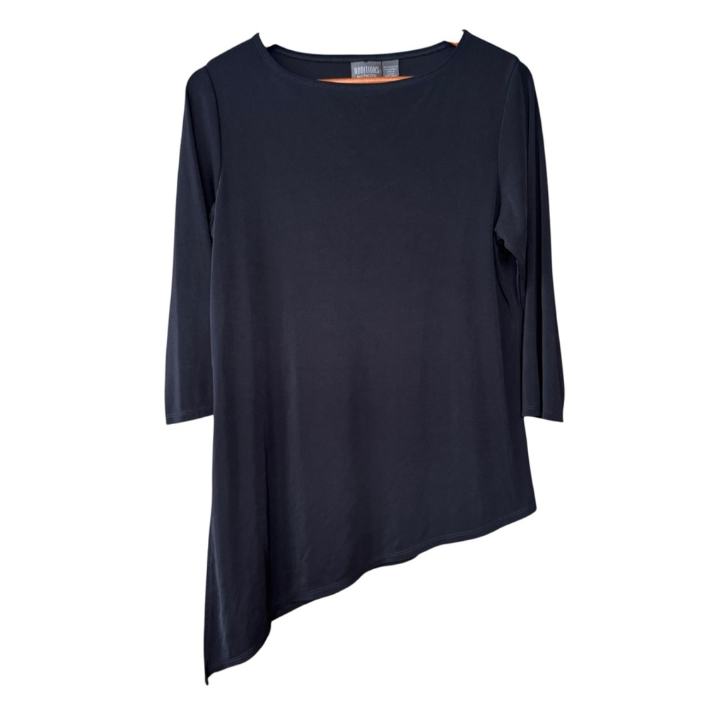 Chicos Additions Black Asymmetrical Tunic Top Slinky Fabric Slit Side Sz 2 Large